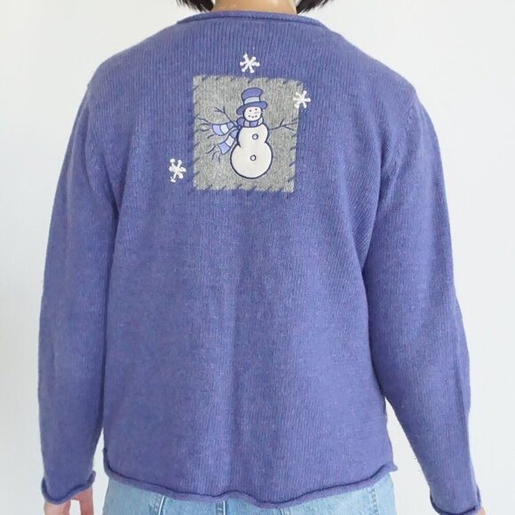 Vintage Croft Barrow Petite Purple Grey Embroidered Snowman Christmas Cardi S - Picture 3 of 11